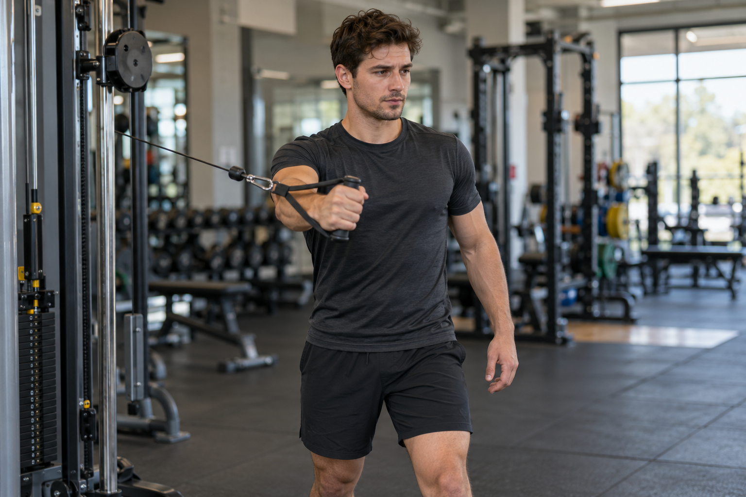 AI-generated realistic photograph of an adult performing a single-arm cable chest press in a gym.